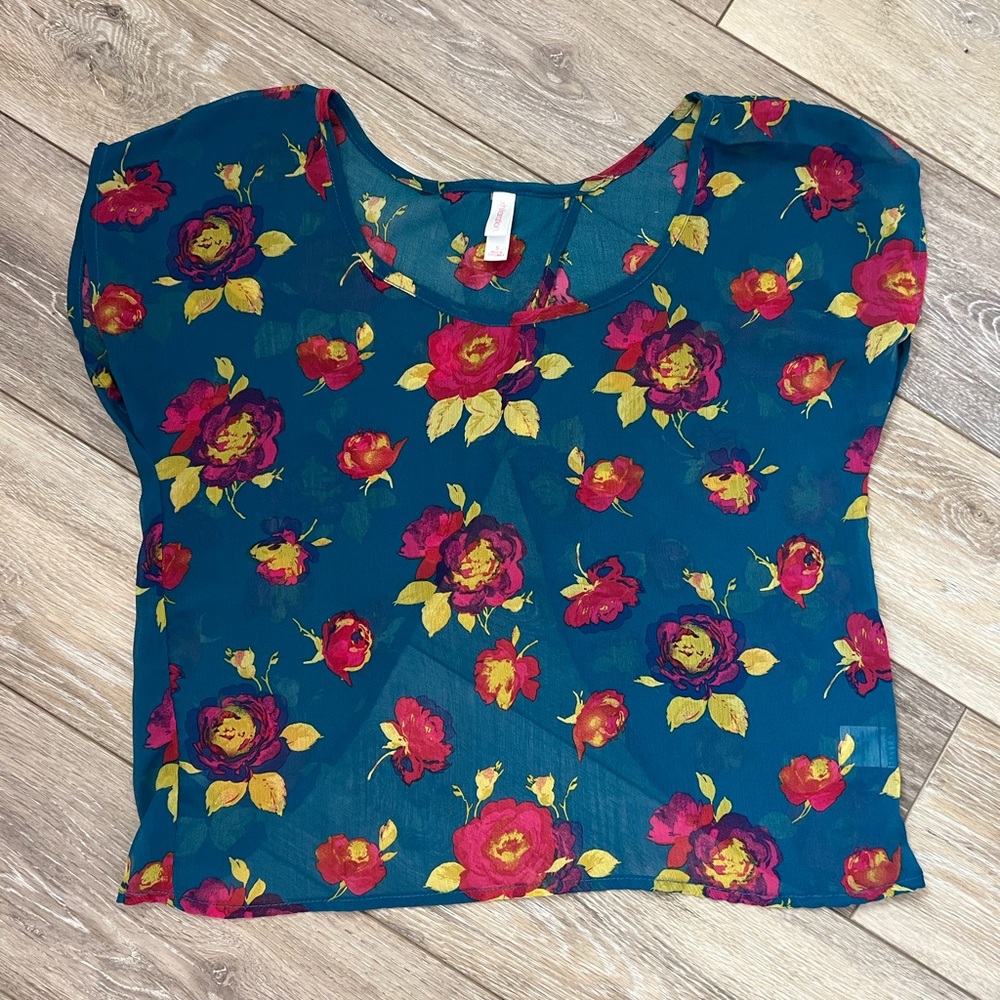 Xhilaration Teal Floral Short Sleeve Scoop Neck Blouse size S
